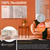 A collage of images showing a mirror infrared heater in a living room setting, highlighting its features and flexibility. Produktbild-Vorschau