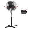 A black and silver stand fan is shown against a white background. An inset image shows a close-up of a knob with arrows indicating up and down movement. Red arrows on the main image indicate the fan's oscillation. Produktbild-Vorschau