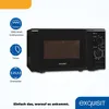 A black microwave oven is shown with feature icons and text on the left side, and brand logo and slogan at the bottom. Produktbild-Vorschau