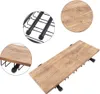 A wooden shelf with metal hooks, designed to hold wine bottles and glasses, is shown against a white background. Close-up views highlight the wood grain and the metal construction. Voir les images du produit