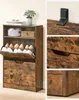 A collage of images showing a rustic brown shoe cabinet with multiple compartments and a plant on top. Produktbild-Vorschau