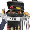 A gas grill with food being cooked on it, along with condiments and bread on the side. Produktbild-Vorschau