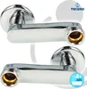 Two chrome S-shaped connectors for wall-mounted faucets, presented against a white and gray background with branding. Produktbild-Vorschau