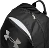 A close-up view of a black backpack with a silver logo and zippers. Náhled obrázku produktu