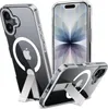 Three clear iPhone cases with kickstands are displayed against a white background. One case is shown from the back, highlighting the camera bump and the MagSafe ring. Another case is shown from the front, displaying the phone screen. The third case is show Podgląd zdjęcia produktu