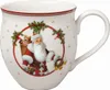 A white ceramic mug with a Christmas-themed design featuring Santa Claus. Produktbild-Vorschau