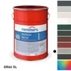 A red paint can with a label and a color swatch palette on the right. Produktbild-Vorschau