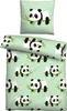 A top-down view of a panda-themed bedding set, including a pillowcase and a duvet cover, laid out flat. Produktbild-Vorschau