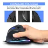 A hand holding a vertical gaming mouse, with close-up shots of the mouse's features and descriptive text. Produktbild-Vorschau
