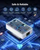 A transparent view of a white USB charging hub with visible internal circuitry, surrounded by glowing blue digital lines and components. Produktbild-Vorschau