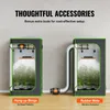 Two grow tents are shown side-by-side, one with a ventilation pipe connected and the other without. Text overlays highlight accessories. Podgląd zdjęcia produktu