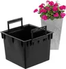 A black plastic planter insert with handles is shown in the foreground, with a tall gray planter containing pink flowers in the background. Produktbild-Vorschau