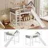 A children's loft bed with a slide, shown in a room setting and as separate product shots. Produktbild-Vorschau