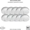 A group of smoke detectors arranged in a grid pattern on a white background, with marketing text and a logo. Produktbild-Vorschau