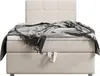 A beige boxspring bed with a gray blanket draped over it, shown against a white background. Voir les images du produit