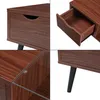Collage of close-up shots of a wooden corner table with a drawer and glass shelf. Produktbild-Vorschau