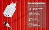 A white dual-port USB charger and a USB cable are shown against a red, ribbed background. Text overlays describe the charger's features. Podgląd zdjęcia produktu