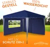 A blue gazebo with white trim and windows, set up outdoors on an orange surface with a grassy background. Produktbild-Vorschau