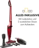 A red cordless vacuum cleaner and its accessories are displayed on a white background, with marketing text and graphics. Produktbild-Vorschau