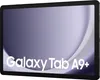A Samsung Galaxy Tab A9+ tablet is shown from a slightly angled front view against a light gray background with abstract white curves. Produktbild-Vorschau