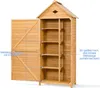 An open wooden garden shed with shelves. Produktbild-Vorschau