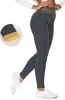 A woman wearing grey thermal leggings with a yellow waistband detail, shown from the waist down, with a close-up inset of the leggings' fabric. Produktbild-Vorschau