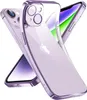 A clear protective phone case with a purple tint is shown on a white background, with a phone partially visible underneath. Produktbild-Vorschau