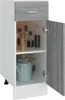 A white kitchen cabinet with a gray wood grain door and drawer front, showing two shelves with kitchen items. Produktbild-Vorschau