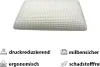 A white pillow with a textured surface, shown from a slightly elevated angle. Below the pillow are four icons with accompanying German text, highlighting product features. Produktbild-Vorschau