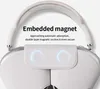 Close-up of the top of white headphones, highlighting a magnetic feature. Podgląd zdjęcia produktu