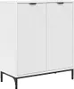 A white sideboard with two doors and black legs is shown against a white background. Podgląd zdjęcia produktu