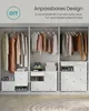 A closet interior with modular storage units for shoes and clothing, featuring a text overlay describing the product's adaptable design. Produktbild-Vorschau