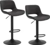 Two black bar stools on a white background.