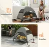A collage showing a dog bed with a canopy indoors and outdoors, with a person reading in the outdoor scene. Náhľad obrázku produktu
