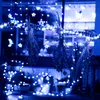 A string of blue LED lights is draped across a wooden rod, with bundles of dried plants hanging from it. The background is blurred and shows a building interior with more lights. Produktbild-Vorschau