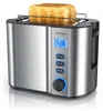 A close-up, slightly angled studio shot of a modern, brushed stainless steel two-slice toaster with a slice of golden-brown toast in it. Produktbild-Vorschau