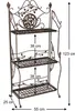 A three-tiered metal shelf unit with decorative scrollwork and leaf motifs, shown against a white background with dimensions indicated by measurement lines and text. Anteprima dell’immagine prodotto