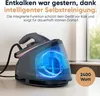 A steam iron station is shown on a table with a window in the background. Produktbild-Vorschau