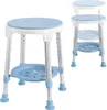 A shower stool with a blue seat and tray, and silver legs, shown against a white background. A second, slightly transparent stool is visible in the background. Produktbild-Vorschau