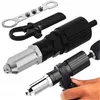 A set of rivet nut adapters for a drill or screwdriver, along with a manual tool and a wrench. Produktbild-Vorschau