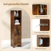 A tall, narrow wooden cabinet with shelves and a door, displayed in a bathroom setting with tiled walls. The image also includes close-up views of product features. Podgląd zdjęcia produktu
