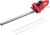 A red and black electric hedge trimmer with a long silver blade is shown on a white background. Two white plastic guards are placed in front of the trimmer. Produktbild-Vorschau