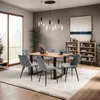 A dining room setting with a wooden table and chairs, illuminated by pendant lights. Produktbild-Vorschau