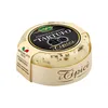 A round cheese with truffle pieces, packaged in a wooden rind and labeled. Produktbild-Vorschau
