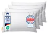 A stack of white pillows with product labels and certifications. Produktbild-Vorschau
