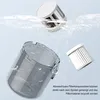A disassembled vacuum cleaner dustbin and filter are shown with water droplets, suggesting cleaning. Produktbild-Vorschau