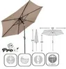 A diagram and image of a patio umbrella with dimensions and feature icons. Produktbild-Vorschau