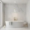 A modern bathroom with a freestanding bathtub, marble walls, and a pendant light. Náhled obrázku produktu