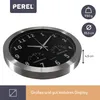 A close-up, angled view of a Perel analog wall clock with a black face, silver frame, and integrated thermometer and hygrometer. Informational graphics and text are overlaid on the right and bottom of the image. Anteprima dell’immagine prodotto