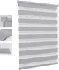 A roller blind with alternating opaque and sheer stripes, displayed against a white background. Insets show close-ups of the roller mechanism, the fabric texture, and the bottom rail. Produktbild-Vorschau